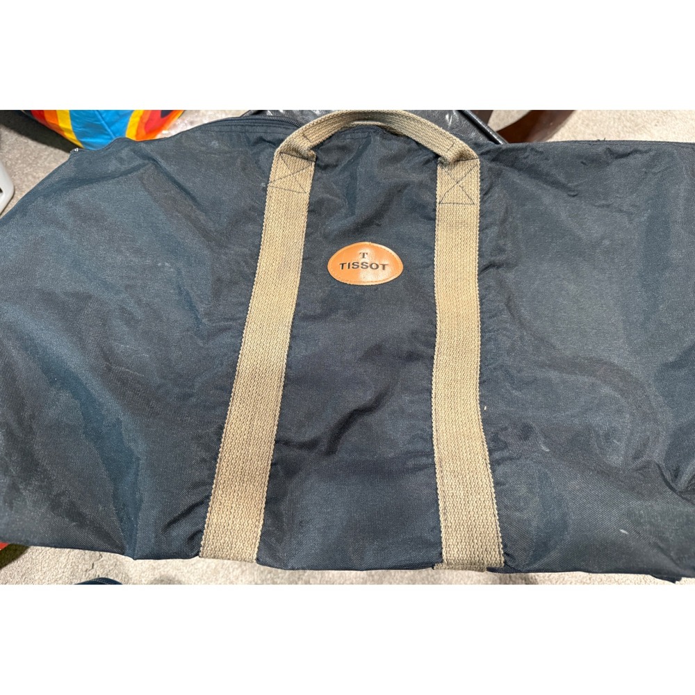 Tissot Black Canvas Duffel Bag Tan Straps Travel Weekender Gym Bag Large